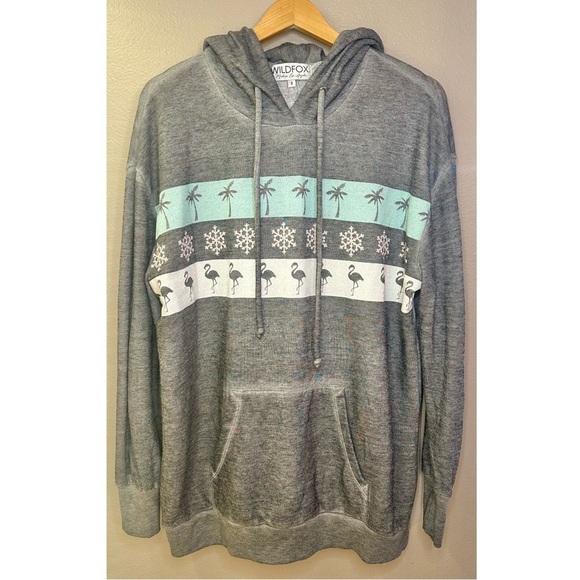 Wildfox Palm Tree Flamingo Snowflake Heather Gray Pullover Hoodie Sweatshirt - Picture 2 of 5